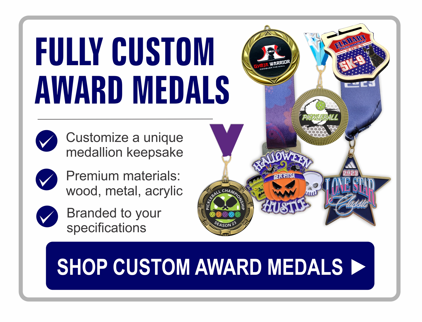 custom medals including wood, acrylic die cast and insert